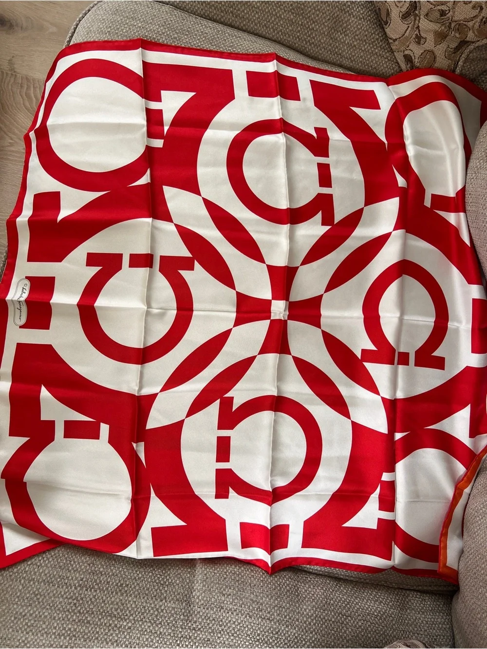 Salvatore Ferragamo Gancini Logo Print Authentic Silk Scarf – Red & White